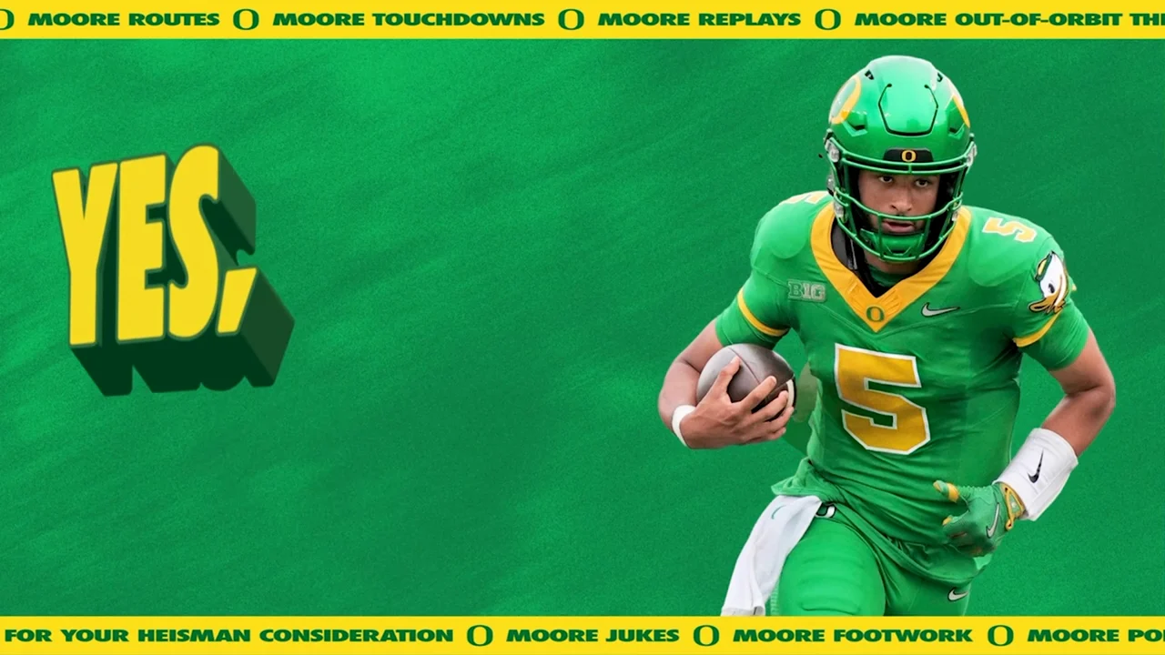 Dante Moore, Oregon quarterback #5, breaking away — Yes, There's Moore
