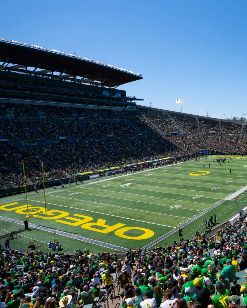 Autzen Stadium and the Oregon end zone on a sunny game day